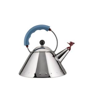 Alessi Stainless Steel Whistling Kettle with Blue Handle and Red Spout Accent